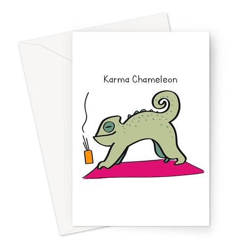 Karma Chamelon Greeting Card | Funny Pun Yoga Greeting Card For Yogi, Chameleon In Downward Dog Position, Reptile