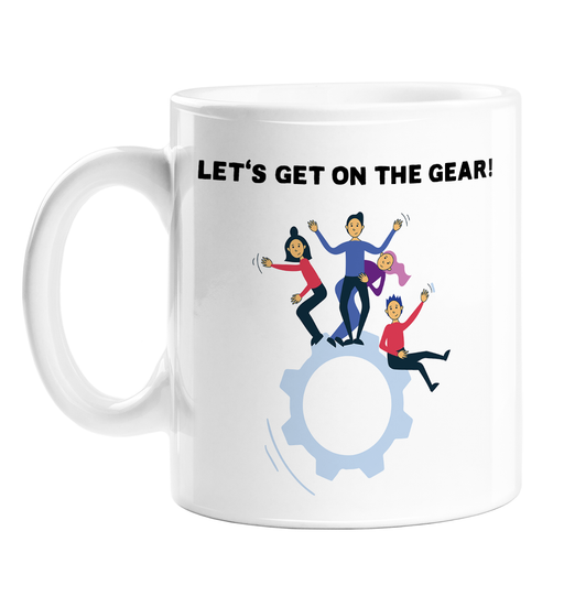 Let's Get On The Gear! Mug | Funny Drug Pun Coffee Mug, Group of People Balancing On A Gear, Cog, Cocaine, Blow