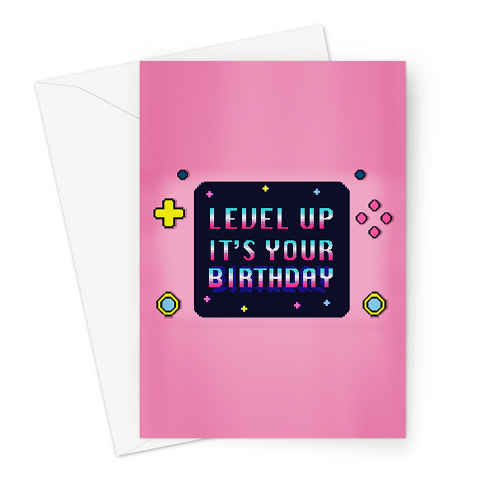 Level Up It's Your Birthday Greeting Card | Pixel Design Gaming Console Birthday Card In Pink For Gamer, Her, Gaming Obsessed, Girlfriend, Wife, Sister, Daughter
