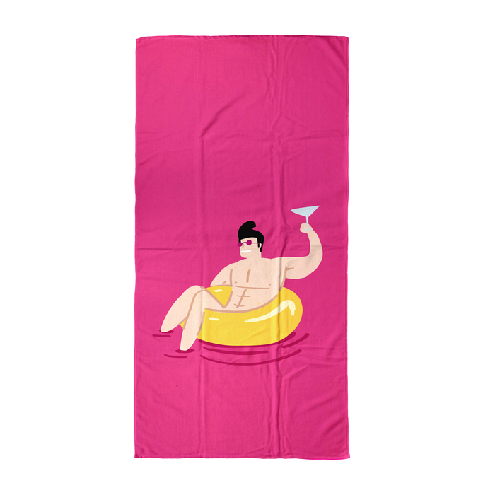 Man In Rubber Ring With Cocktail Beach Towel | Bright Pink Summer Beach Towel, Cheers, Buff Male In A Rubber Ring
