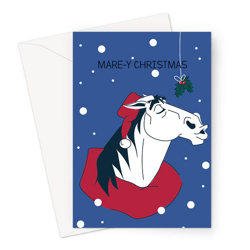 Mare-y Christmas Greeting Card | Horse In A Santa Hat Waiting Under Mistletoe, Funny Horse Merry Christmas Card For Equestrian, Horse Rider
