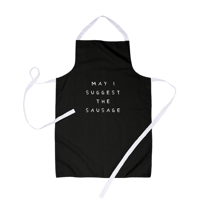 May I Suggest The Sausage Apron | Rude, Funny Pun BBQ Apron For Him, Inuendo, Monochrome