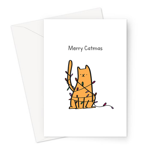 Merry Catmas Greeting Card | Cat Tangled In Christmas Lights, Funny Cat Christmas Card For Cat Owner, Cat Lover, Kitten