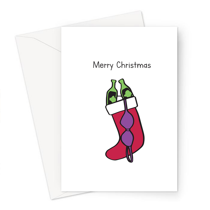 Merry Christmas Naughty Stocking Greeting Card | Funny Adult Christmas Card For Her, Stocking Filled With Booze And Bra