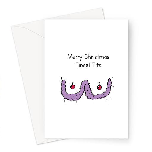 Merry Christmas Tinsel Tits Greeting Card | Funny Christmas Card, Tinsel In The Shape Of Breasts With Bauble Nipples Doodle
