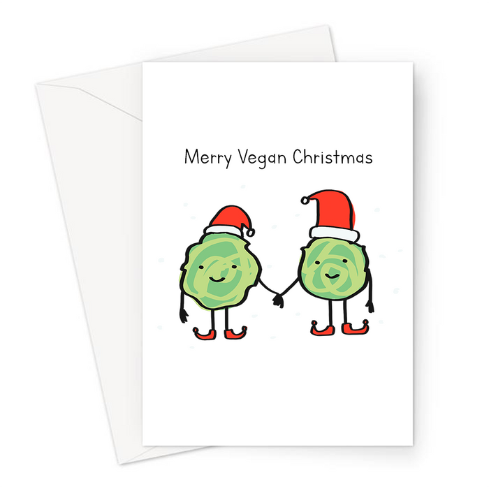 Merry Vegan Christmas Greeting Card | Funny Vegan Christmas Card, For Vegan, Brussel Sprouts In Santa Hats, Veggie, Plant Based