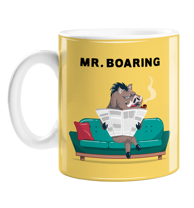 Mr. Boaring Mug | Funny Mr Boring Boar Pun Coffee Mug For Him, Husband, Boar Sat On Sofa With Newspaper And Pipe