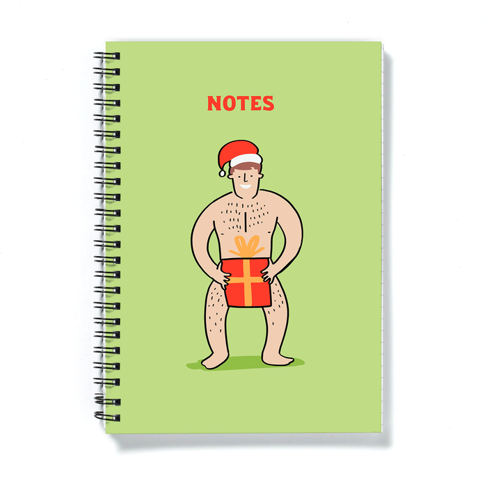 Naked Man In Santa Hat Seasons Greetings A5 Notebook | Funny Christmas Gift, Stocking Filler, Journal, LGBT, Nude Man In Santa Hat Holding Present