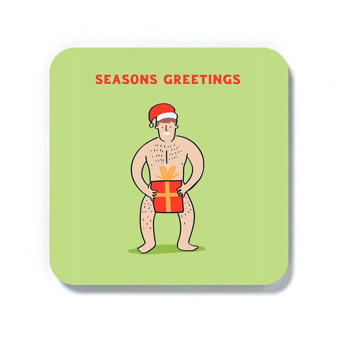 Naked Man In Santa Hat Seasons Greetings Coaster | Funny Christmas Gift, Stocking Filler, Drinks Mat, LGBT, Nude Man In Santa Hat Holding Present