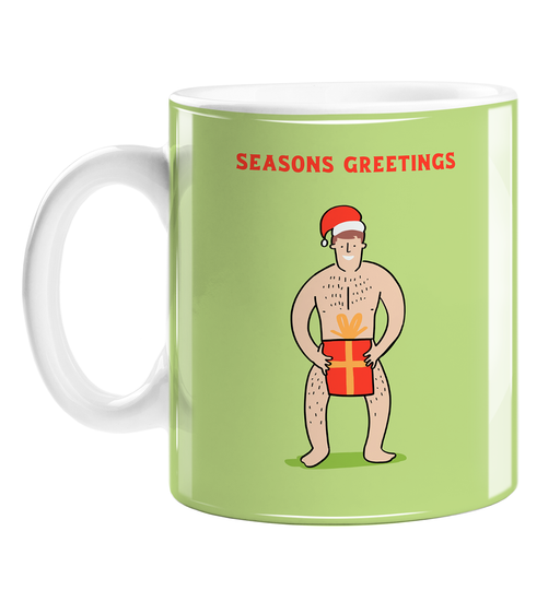 Naked Man In Santa Hat Seasons Greetings Mug | Funny Christmas Gift, Stocking Filler, LGBT, Nude Man In Santa Hat Holding Present