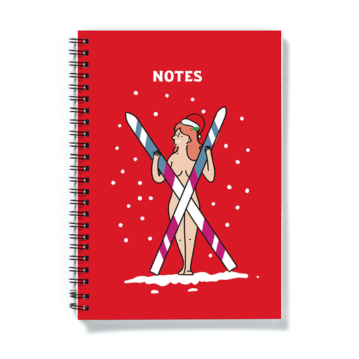 Naked Woman Holding Crossed Skis Merry Christmas A5 Notebook | Funny Christmas Journal, Cheeky Stocking Filler, Gift, LGBT, Nude Skier In Santa Hat
