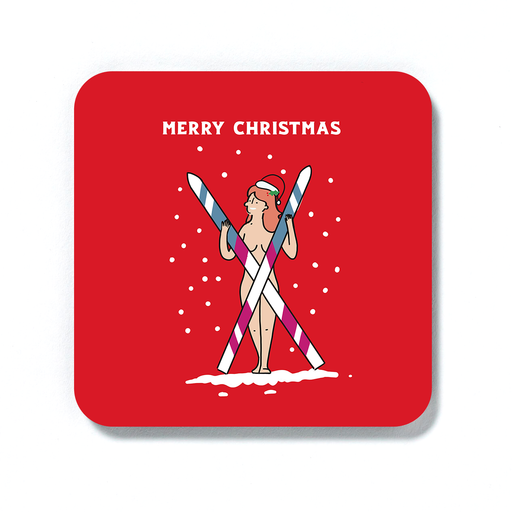 Naked Woman Holding Crossed Skis Merry Christmas Coaster | Funny Christmas Drinks Mat, Decorations, Stocking Filler, LGBT, Nude Skier In Santa Hat