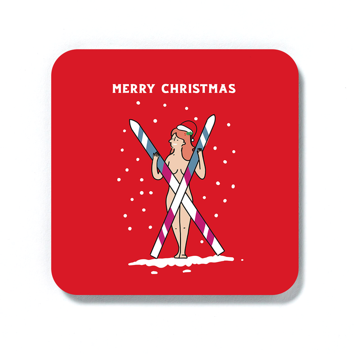 Naked Woman Holding Crossed Skis Merry Christmas Coaster | Funny Christmas Drinks Mat, Decorations, Stocking Filler, LGBT, Nude Skier In Santa Hat