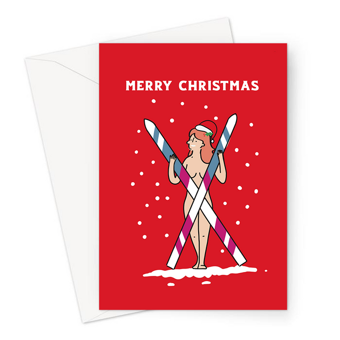 Naked Woman Holding Crossed Skis Merry Christmas Greeting Card | Nude Woman Christmas Card, Nude Woman Skier In Santa Hat Christmas Card, LGBT