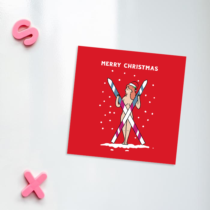 Naked Woman Holding Crossed Skis Merry Christmas Fridge Magnet | Cheeky, Funny Christmas Decorations, Stocking Filler, LGBT, Nude Skier In Santa Hat