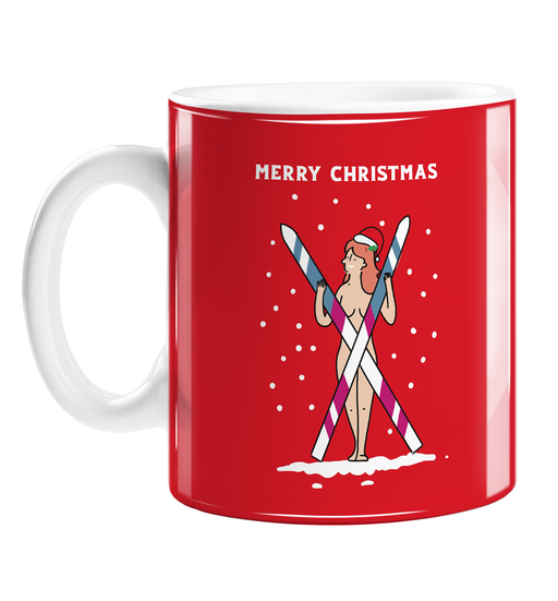 Naked Woman Holding Crossed Skis Merry Christmas Mug | Funny, Naughty Christmas Gift, Stocking Filler, Nude Girl Skier In Santa Hat Coffee Mug, 