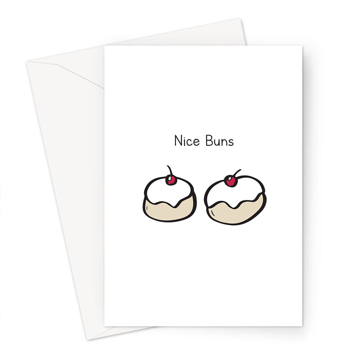 Nice Buns Greeting Card | Funny Valentine's Card For Her, Anniversary, New Boobs, Nice Breasts, Iced Buns With Cherry Doodle