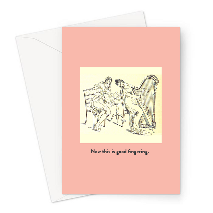 Now This Is Good Fingering. Greeting Card | Funny Vintage Joke Valentines Card, Anniversary, Woman Playing The Harp Romantically For Man