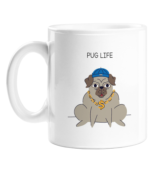 Pug Life Mug | Funny Pun Gift For Pug Lover, Owner, Dog, Pug With Chain And Backwards Cap, Thug Life