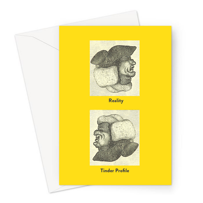 Reality Vs Tinder Profile Greeting Card | Funny Vintage Catfish Joke Card, Optical Illusion, Man Looking Scared, Sad, Man Looking Happy