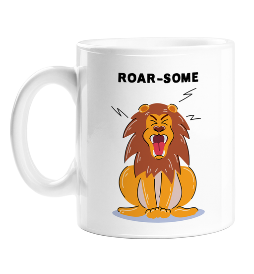 Roar-some Mug | Funny Lion Pun Coffee Mug, Male Lion With Mane Roaring Illustration, Animal Pun, Awesome, Roar