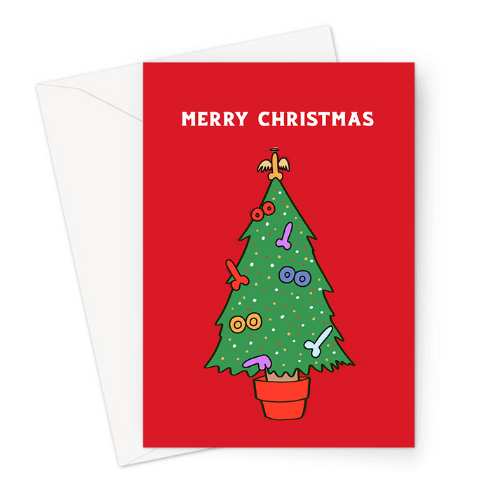 Rude Christmas Tree Merry Christmas Greeting Card | Rude, Funny Christmas Tree Decorated With Dicks And Boobs Christmas Card, LGBT