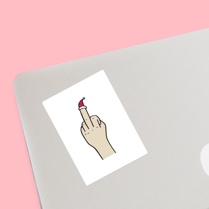 Seasons Greetings Middle Finger Sticker | Rude, Offensive Christmas Sticker, Stocking Filler, Middle Finger Wearing A Santa Hat