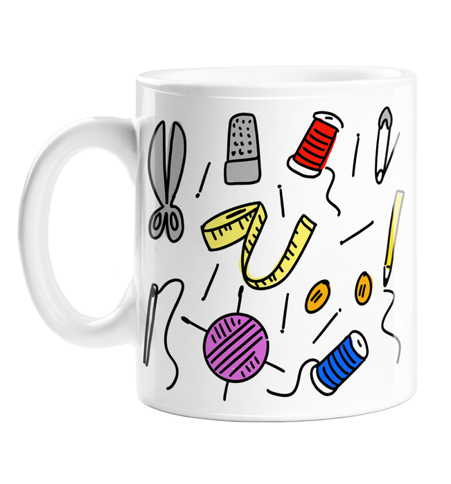 Sewing Print Mug | Sewing Print Coffee Mug For Seamstress, Scissors, Thimble, Needle, Thread, Measuring Tape, Safety Pin