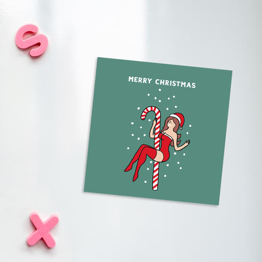 Sexy Female Santa Merry Christmas Fridge Magnet | Cheeky, Funny Christmas Decorations, Gift, Stocking Filler, LGBT, Sexy Girl Santa Pole Dancing On A Candy Cane