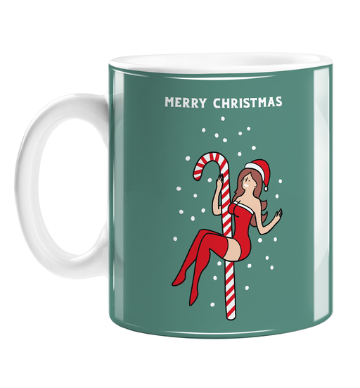 Sexy Female Santa Merry Christmas Mug | Funny, Naughty Christmas Gift, Stocking Filler, LGBT, Sexy Girl In Santa Hat Pole Dancing On A Candy Cane
