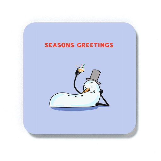 Sexy Snowman Seasons Greetings Coaster | Funny Christmas Gift, Decoration, Stocking Filler, Drinks Mat, Snowman Laying Down With Drink In Hand