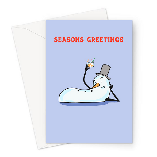 Sexy Snowman Seasons Greetings Greeting Card | Sexy Snowman Christmas Card, Snowman Laying Down With Drink, LGBT 