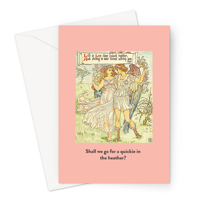 Shall We Go For A Quickie In The Heather? Greeting Card | Vintage Valentine's Card, Anniversary, Man And Woman Embracing, Angel, Sex Joke, Rhyme