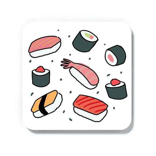 Sushi Print Coaster | Different Sushi Bites Print Drinks Mat, Salmon, Prawns, Crab, California Rolls, Nigiri, Sashimi, Maki, Tuna Roll