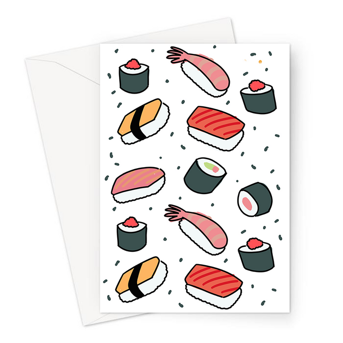 Sushi Print Greeting Card | Different Sushi Bites Print, Salmon, Prawns, Crab, California Rolls, Nigiri, Sashimi, Maki, Tuna Roll