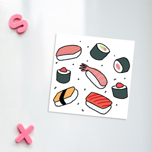 Sushi Print Fridge Magnet | Different Sushi Bites Print Kitchen Magnet, Salmon, Prawns, Crab, California Rolls, Nigiri, Sashimi, Maki, Tuna Roll