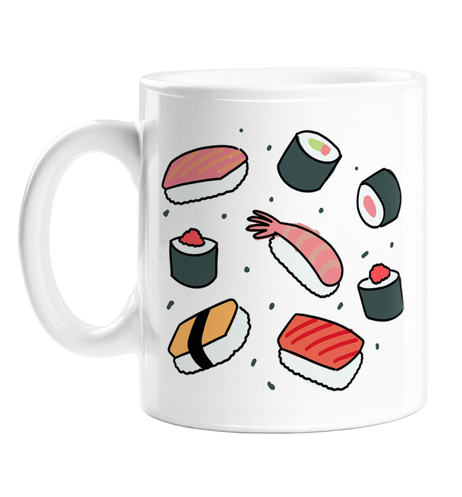 Sushi Print Mug | Different Sushi Bites Print Coffee Mug, Salmon, Prawns, Crab, California Rolls, Nigiri, Sashimi, Maki, Tuna Roll