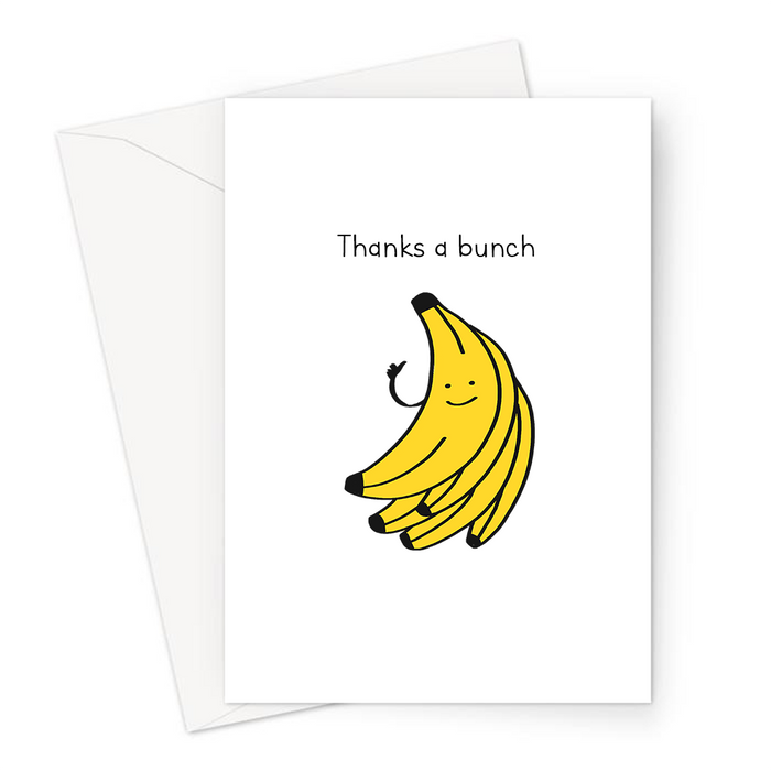 Thanks A Bunch Greeting Card | Cute, Kawaii, Funny Food Pun Thank You Card, Bunch Of Bananas Smiling With Thumbs Up Doodle