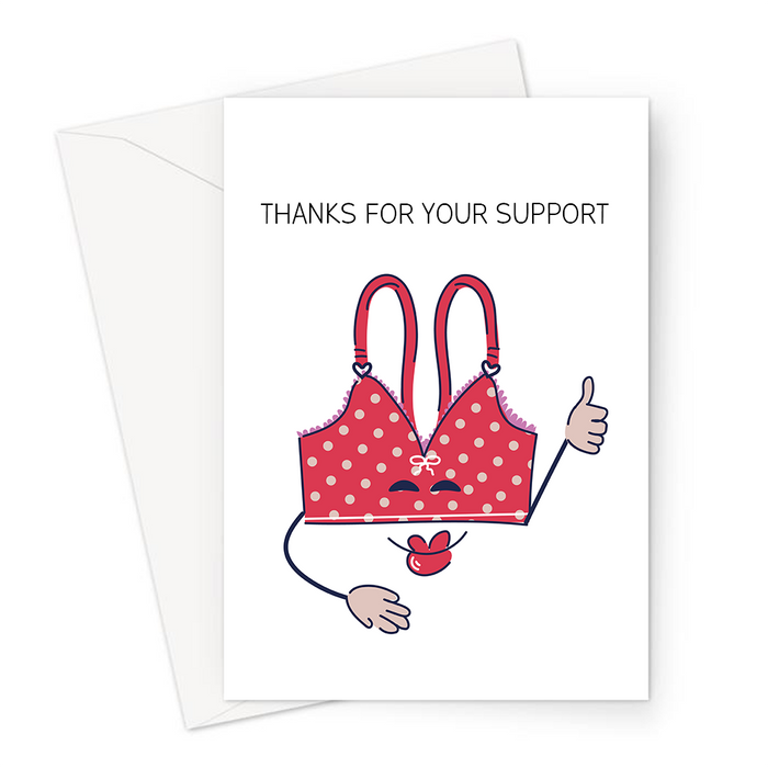 Thanks For Your Support Greeting Card | Funny Thank You Card, Bra With Thumbs Up Illustration, Bra Support Joke, Thanks, Cheers, For Her