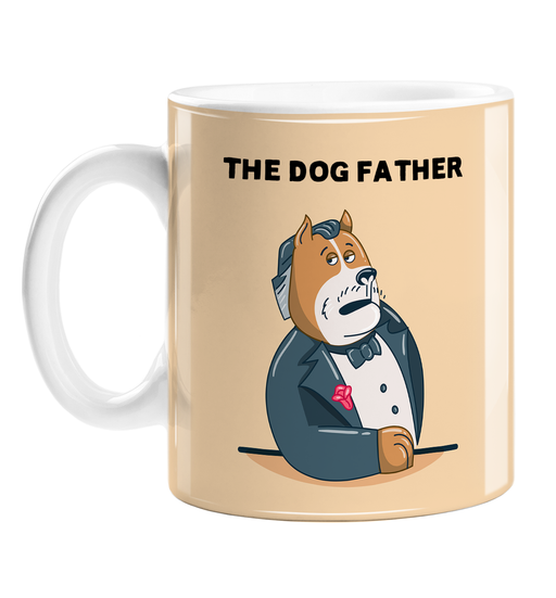 The Dog Father Mug | Funny Godfather Pun Coffee Mug For Dog Owner, Dog Looking Like The Godfather In Tuxedo Illustration