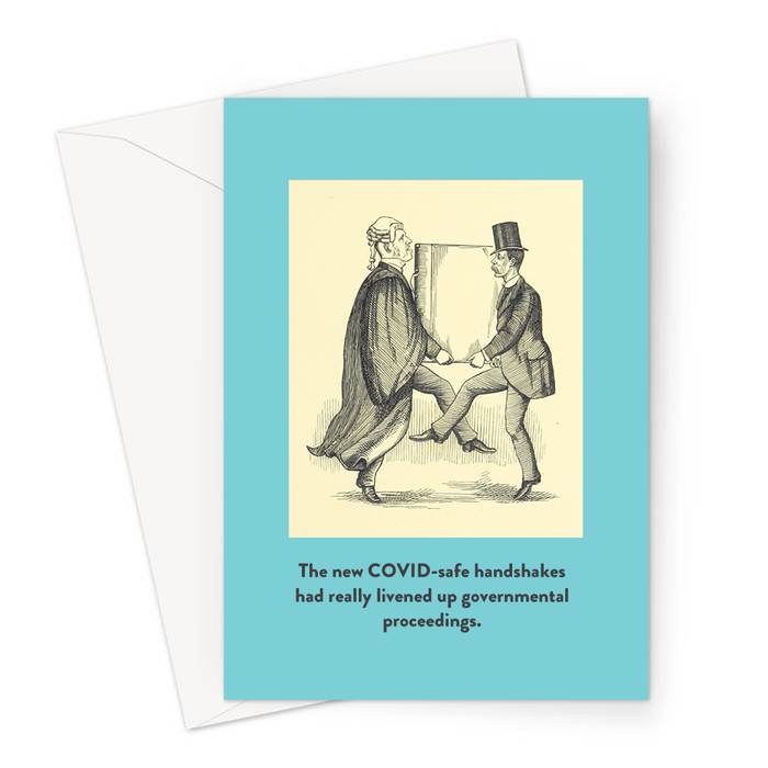 The New COVID-Safe Handshakes Had Really Livened Up Governmental Proceedings. Greeting Card | Funny Vintage Joke Card, Judge and Man In Top Hat Dancing
