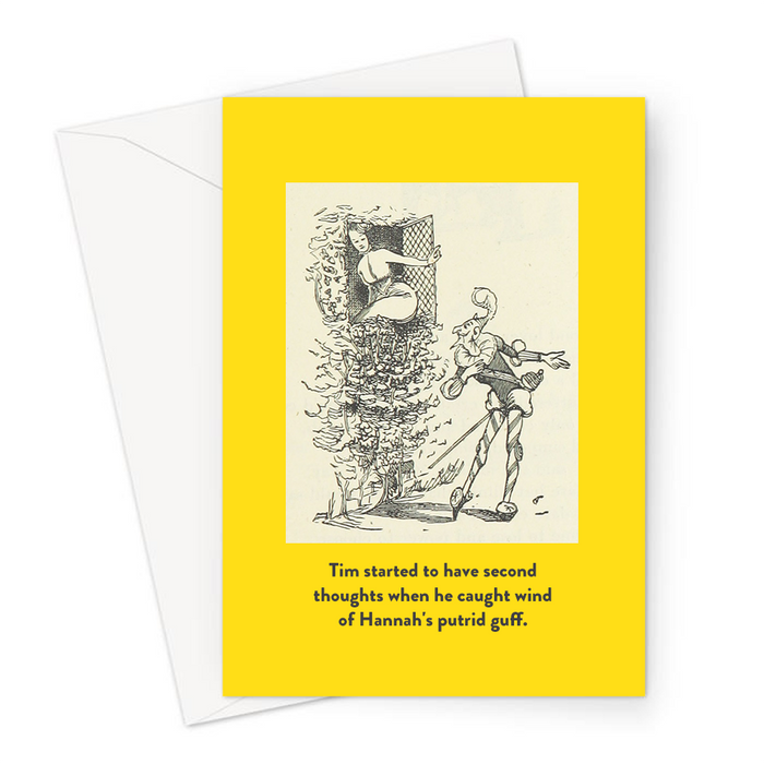 Tim Started To Have Second Thoughts When He Caught Wind Of Hannah's Putrid Guff. Greeting Card | Fart Joke Vintage Card, Woman With Bum Out Of Window