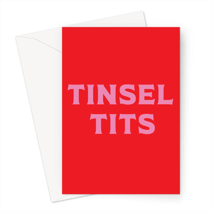 Tinsel Tits Greeting Card | Brightly Coloured Rude, Funny Christmas Card, Pop Art, Pink And Red