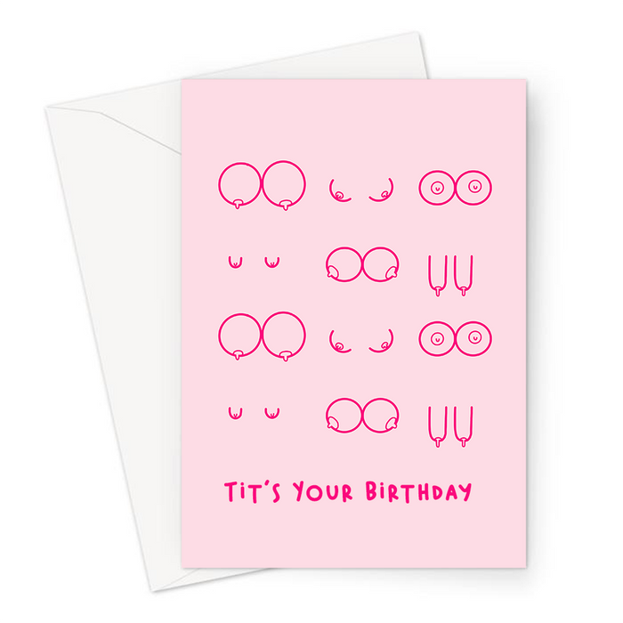 Tit's Your Birthday Pink Greeting Card | Breasts In Different Shapes And Sizes Print Birthday Card, Abstract Nude, LGBTQ+, Boobs Pun