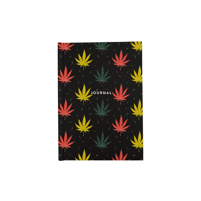 Weed Illustration A5 Journal | Cannabis Leaf Illustration In Red, Green & Yellow, Hand Illustrated Fine Art Marijuana Leaves, Dope Journal, Hash, 420