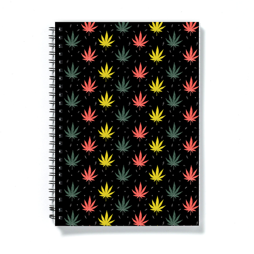 Weed Illustration A5 Notebook | Cannabis Leaf Illustration In Black, Green, Yellow and Red, Hand Illustrated Fine Art Marijuana Leaves, Dope Journal
