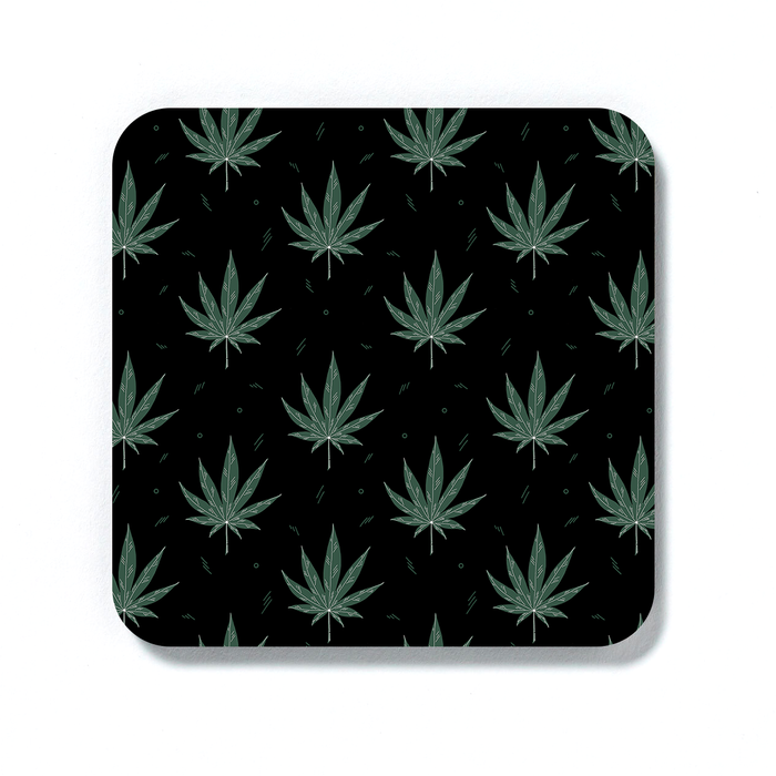 Weed Illustration Black Coaster | Cannabis Leaf Illustration, Hand Illustrated Fine Art Marijuana Leaves, Dope Drinks Mat, Ganja, Hash, 420