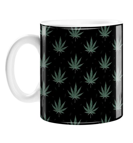 Weed Illustration Black Mug | Cannabis Leaf Illustration, Hand Illustrated Fine Art Marijuana Leaves, Dope Coffee Mug, Ganja, Hash, 420