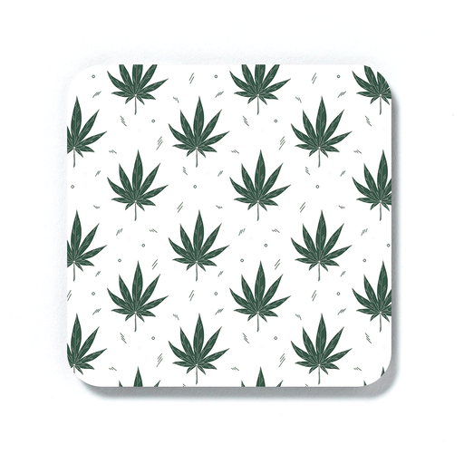 Weed Illustration White Coaster | Cannabis Leaf Illustration, Hand Illustrated Fine Art Marijuana Leaves, Dope Drinks Mat, Ganja, Hash, 420