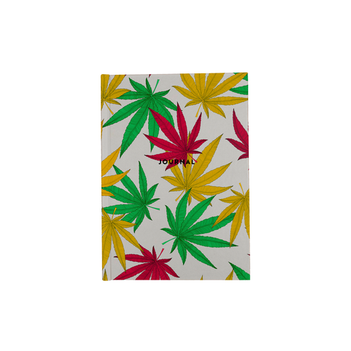 Weed Print A5 Journal | Cannabis Leaf Illustration In Green, Red & Yellow, Hand Illustrated Fine Art Marijuana Leaves, Colourful Diary